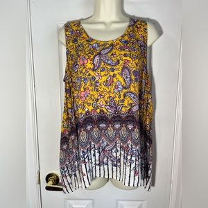 Lucky Brand Yellow Floral Paisley Split Back Sleeveless Blouse Size Medium